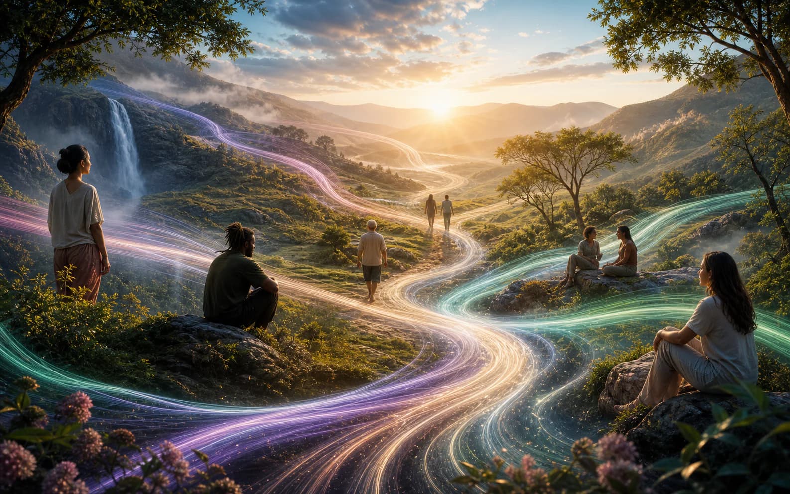 People moving at different paces through a landscape of connected rhythms