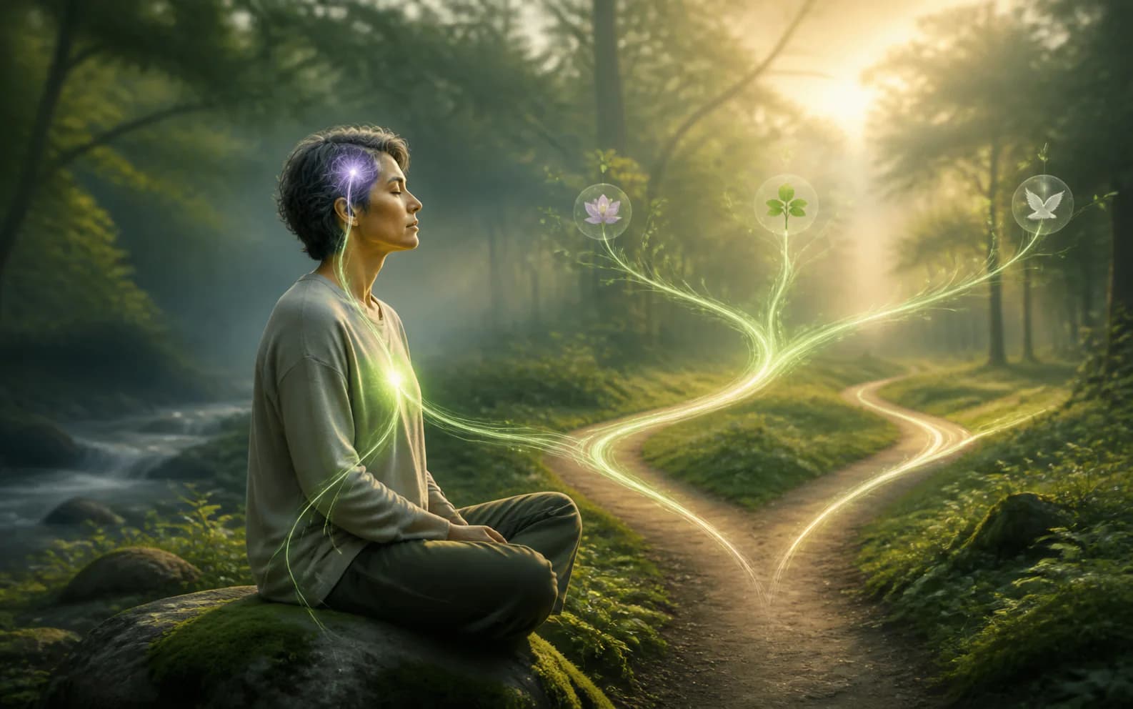 A person noticing body signals before choosing between two paths
