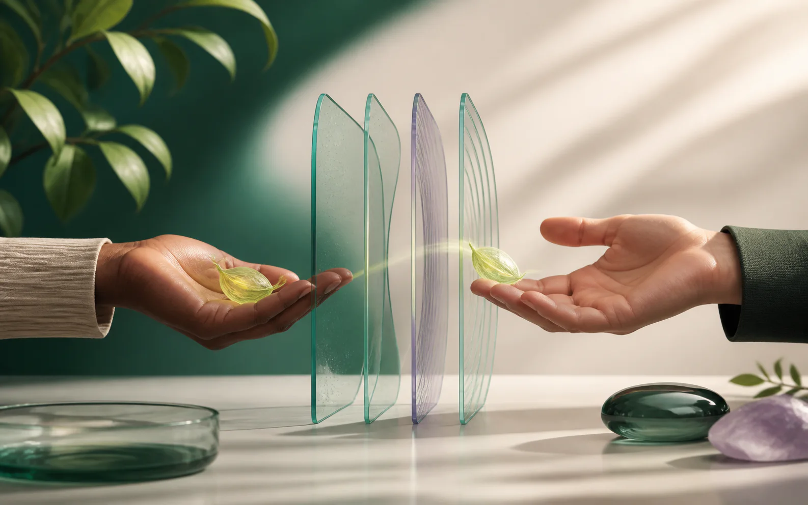 Two hands sharing a glowing seed through transparent privacy layers