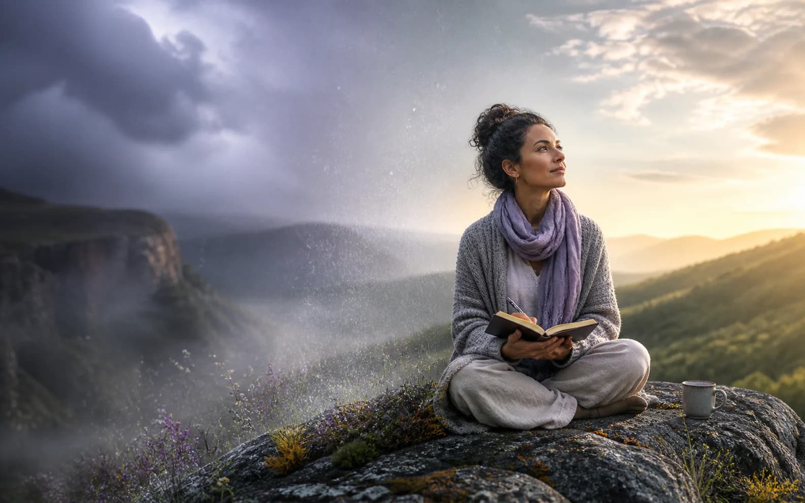 A woman reflecting as changing weather moves from cloud to clear light