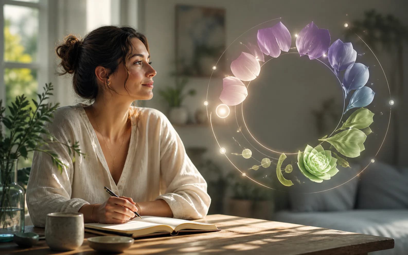 A woman planning beside a gentle circle of changing botanical phases