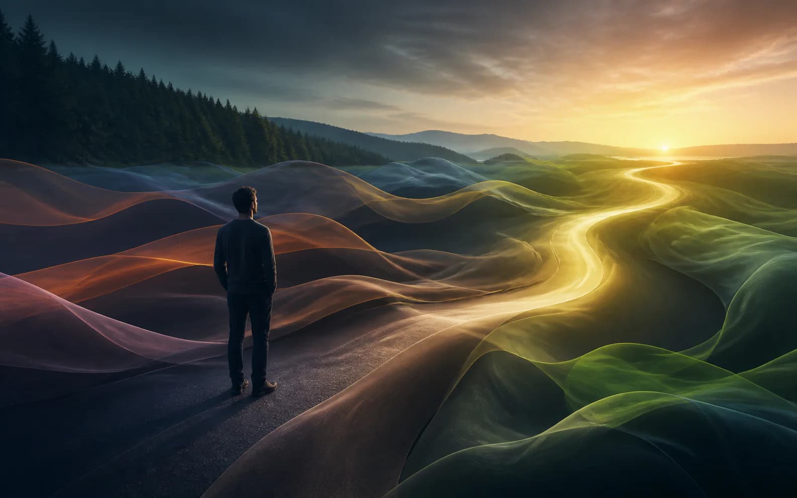 A person observing shifting waves and a clear path toward morning light