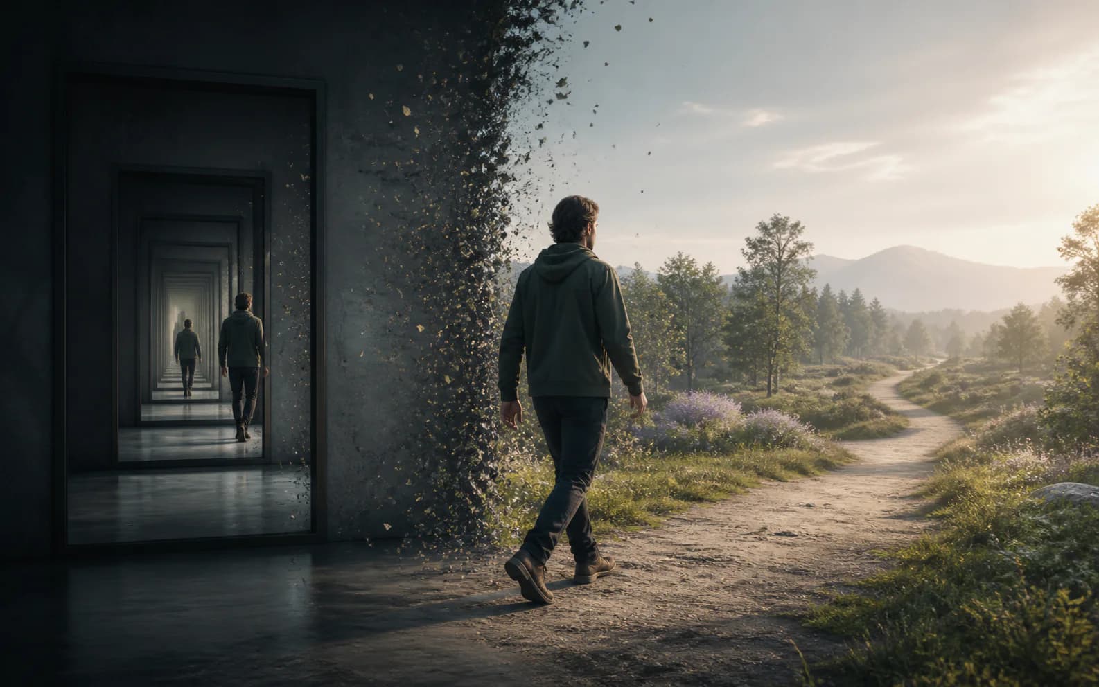A person leaving a repetitive mirrored corridor for an open path