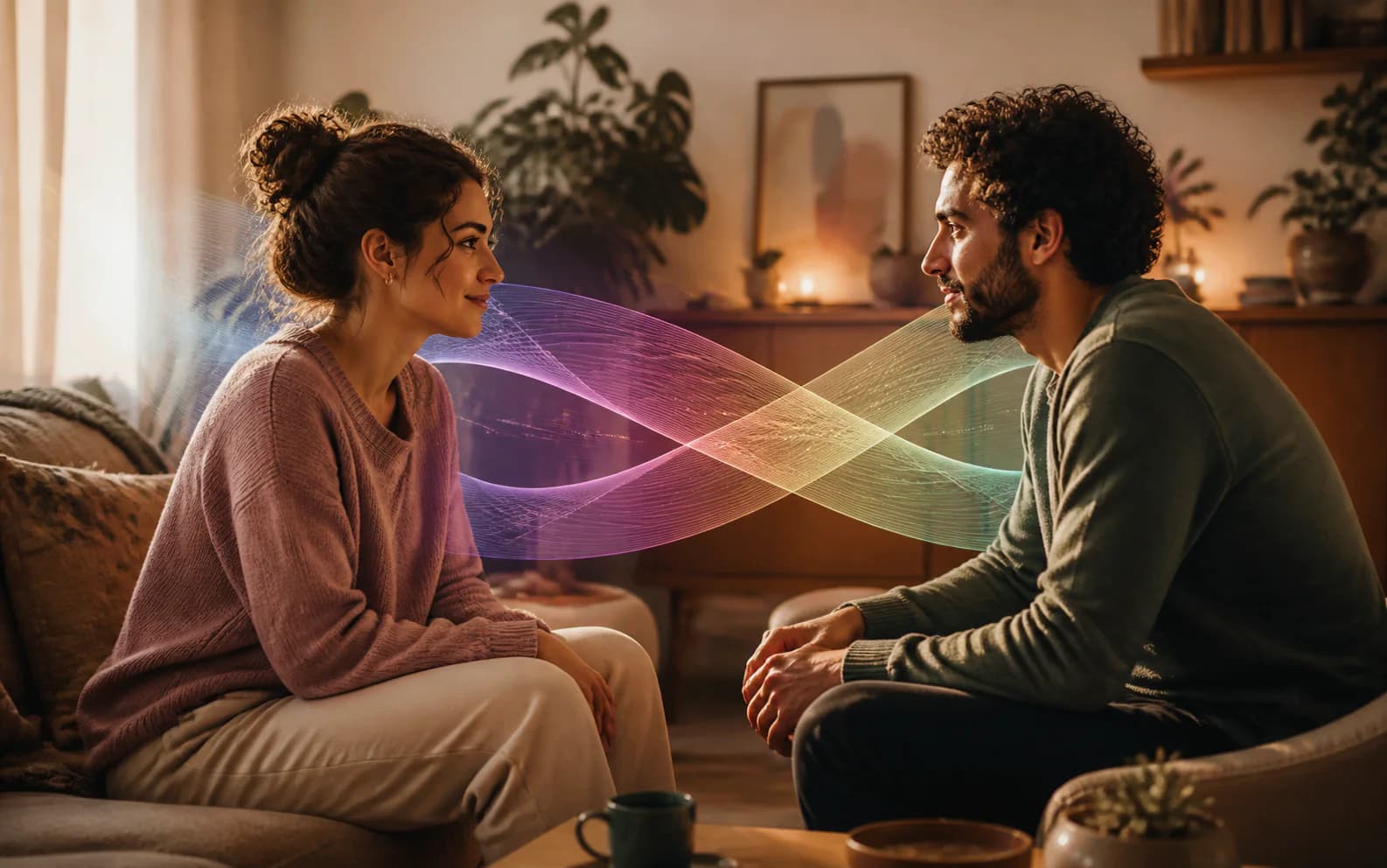 Two partners talking while their distinct rhythms meet between them