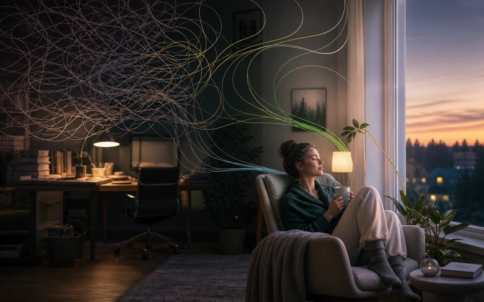 A person resting as tangled mental load loosens into calm lines