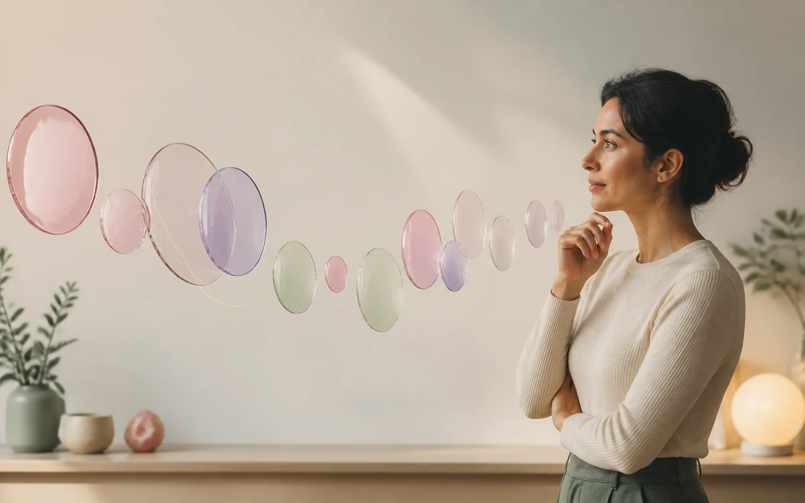 A woman calmly observing a naturally varied sequence of circular forms