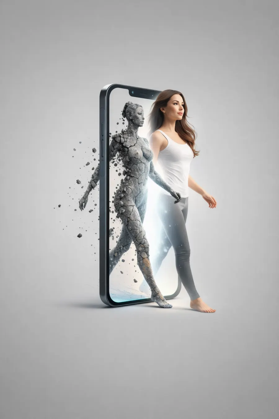 A woman stepping forward through a phone-shaped frame